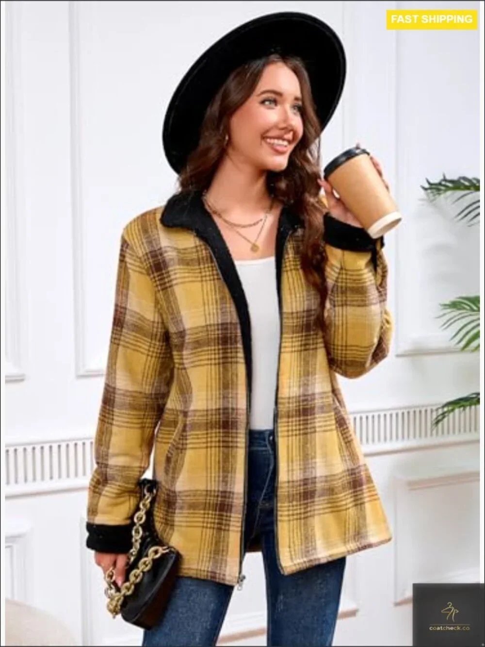 Sherpa Lined Fleece Jacket Plaid Flannel Loose Fit Boyfriend Style Zip Up